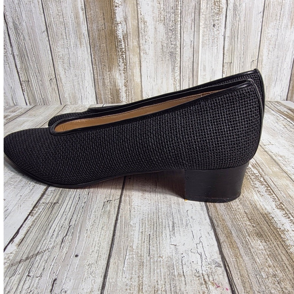 Saks Fifth Avenue Black Mesh Square Toe Low Block Heel Pumps Made in Italy - Picture 7 of 10